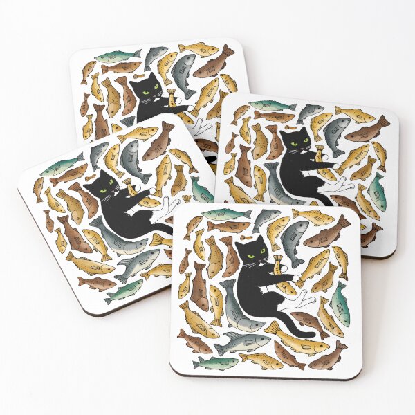 Item preview, Black Cat Swimming in a Sea of Fish – Whimsical Cat Illustration designed and sold by MiowandMolly.