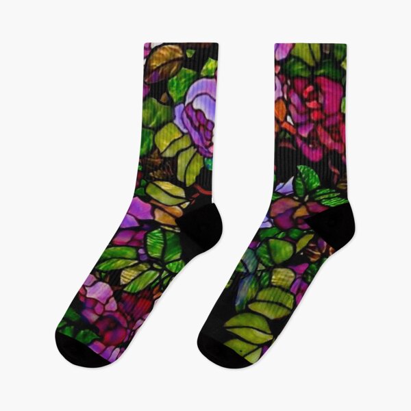 Item preview, Romantic Tiffany style stain glass rose garden illustration, purple roses, red roses, rose vines designed and sold by hollycooper.