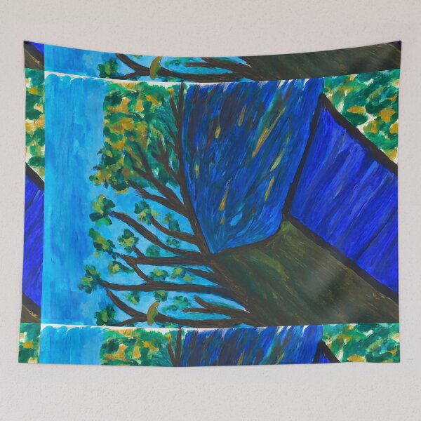 Item preview, Whimsical Tree by the Blue Wall – Expressive Nature Scene designed and sold by LuxuryApparels.