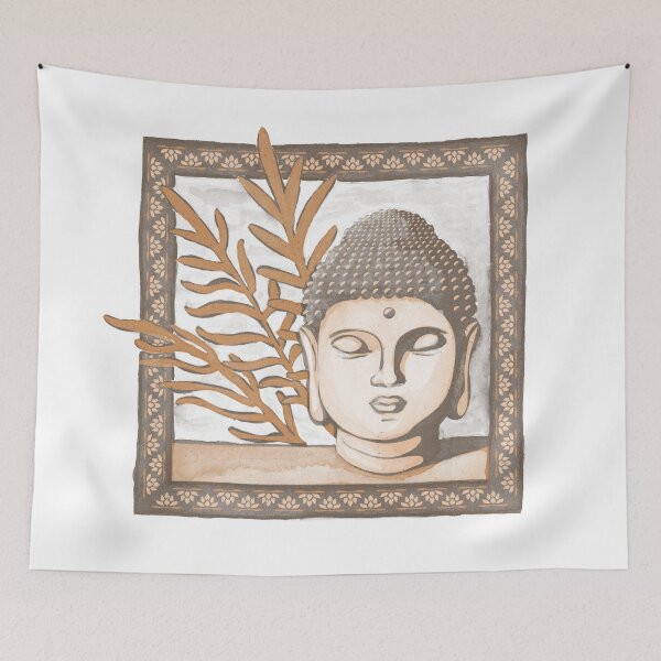Item preview, Buddha Head Statue with Palm Fronds Watercolor - Earth, Melon, Rust designed and sold by Irene Estelle.