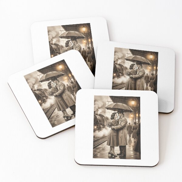 Item preview, Retro Romance: 1940s Film Noir Couple at Rainy Train Station - Vintage Sepia Art designed and sold by 1950s ⭐⭐⭐⭐⭐.