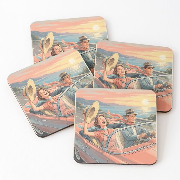 Item preview, Retro Valentine's Romance: 1950s Couple in Pink Convertible Sunset Illustration designed and sold by 1950s ⭐⭐⭐⭐⭐.