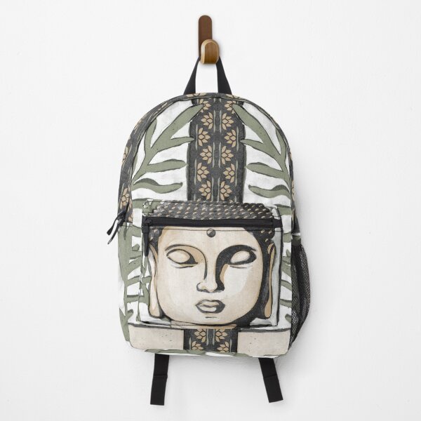 Item preview, Buddha Head Statue with Palm Fronds Watercolor - Coal, Fawn, Sage designed and sold by Irene Estelle.