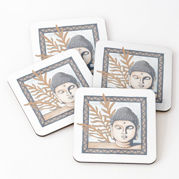 Item preview, Buddha Head Statue with Palm Fronds Watercolor - Dusk, Melon, Rust designed and sold by Irene Estelle.