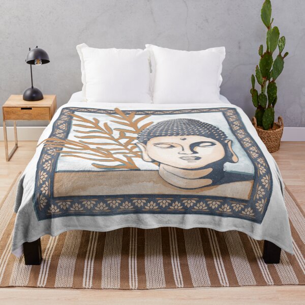 Item preview, Buddha Head Statue with Palm Fronds Watercolor - Dusk, Melon, Rust designed and sold by Irene Estelle.