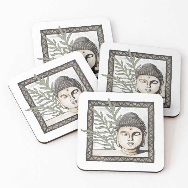Item preview, Buddha Head Statue with Palm Fronds Watercolor - Coal, Fawn, Sage designed and sold by Irene Estelle.