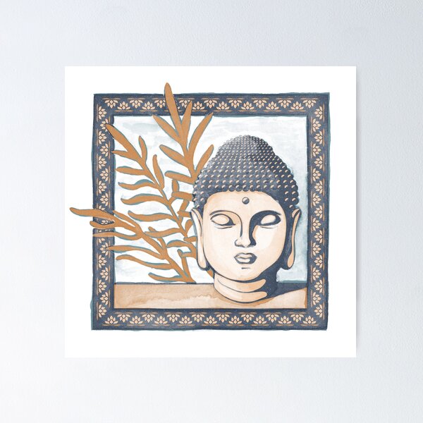 Item preview, Buddha Head Statue with Palm Fronds Watercolor - Dusk, Melon, Rust designed and sold by Irene Estelle.