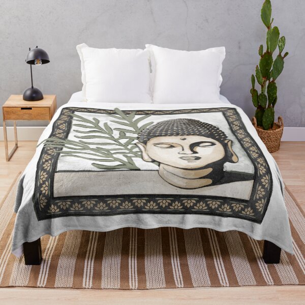 Item preview, Buddha Head Statue with Palm Fronds Watercolor - Coal, Fawn, Sage designed and sold by Irene Estelle.