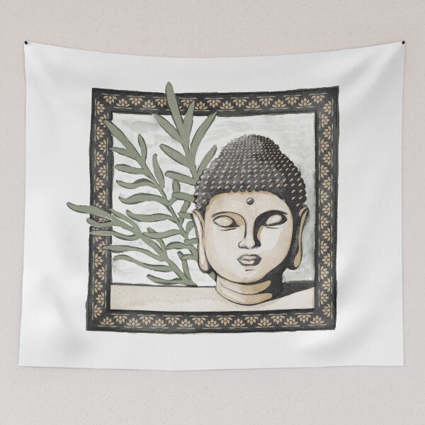 Item preview, Buddha Head Statue with Palm Fronds Watercolor - Coal, Fawn, Sage designed and sold by Irene Estelle.
