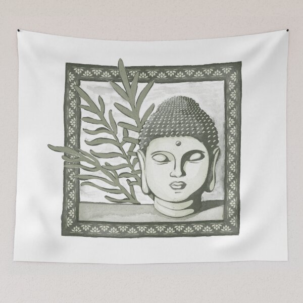 Item preview, Buddha Head Statue with Palm Fronds Watercolor - Pine, Tea, Sage designed and sold by Irene Estelle.