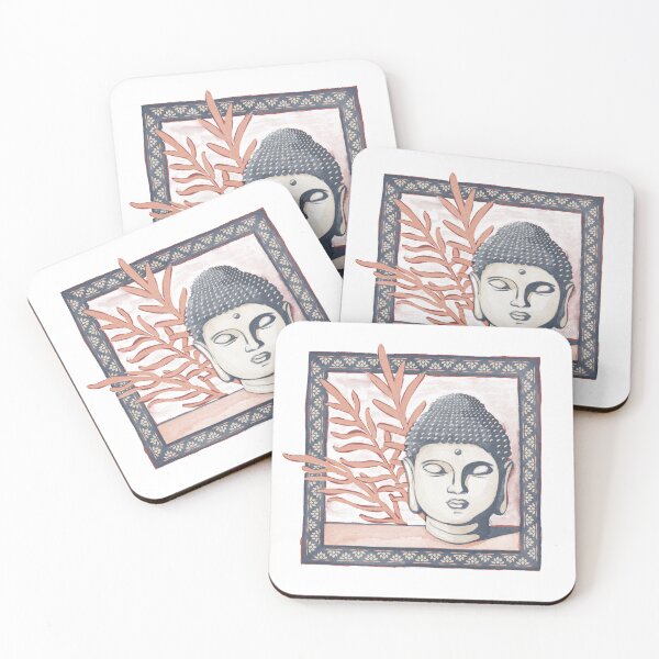 Item preview, Buddha Head Statue with Palm Fronds Watercolor - Dusk, Dove, Coral designed and sold by Irene Estelle.