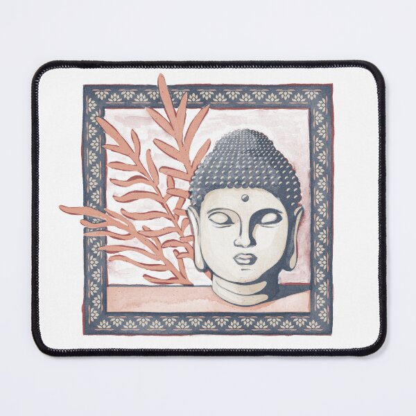 Item preview, Buddha Head Statue with Palm Fronds Watercolor - Dusk, Dove, Coral designed and sold by Irene Estelle.