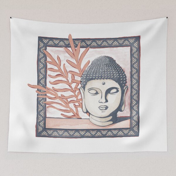 Item preview, Buddha Head Statue with Palm Fronds Watercolor - Dusk, Dove, Coral designed and sold by Irene Estelle.