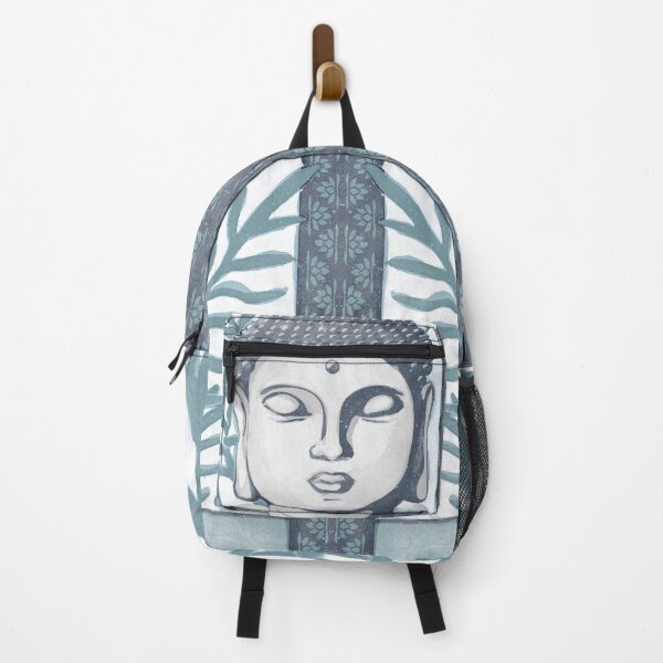 Item preview, Buddha Head Statue with Palm Fronds Watercolor - Dusk, Fog, Peacock designed and sold by Irene Estelle.