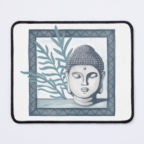 Item preview, Buddha Head Statue with Palm Fronds Watercolor - Dusk, Fog, Peacock designed and sold by Irene Estelle.