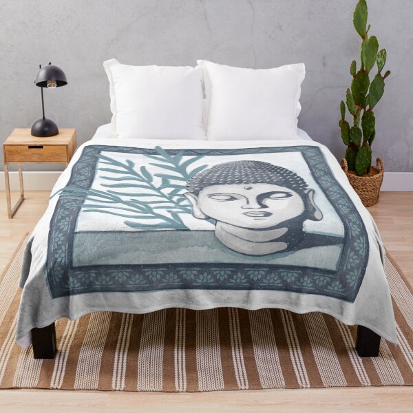 Item preview, Buddha Head Statue with Palm Fronds Watercolor - Dusk, Fog, Peacock designed and sold by Irene Estelle.