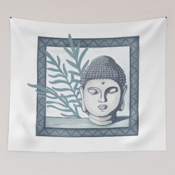 Item preview, Buddha Head Statue with Palm Fronds Watercolor - Dusk, Fog, Peacock designed and sold by Irene Estelle.