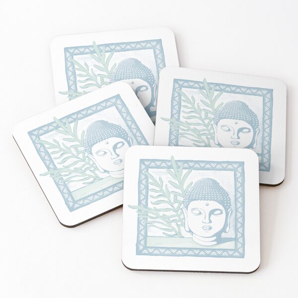 Item preview, Buddha Head Statue with Palm Fronds Watercolor - Sky, Snow, Mint designed and sold by Irene Estelle.