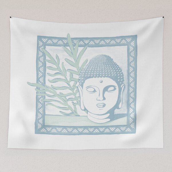 Item preview, Buddha Head Statue with Palm Fronds Watercolor - Sky, Snow, Mint designed and sold by Irene Estelle.