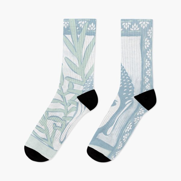 Item preview, Buddha Head Statue with Palm Fronds Watercolor - Sky, Snow, Mint designed and sold by Irene Estelle.
