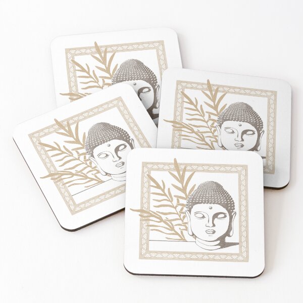 Item preview, Buddha Head Statue with Palm Fronds Watercolor - Earth, Snow, Fawn designed and sold by Irene Estelle.