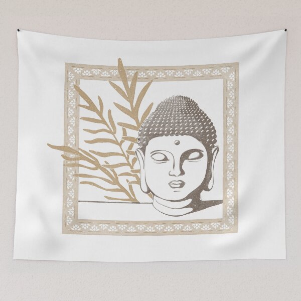 Item preview, Buddha Head Statue with Palm Fronds Watercolor - Earth, Snow, Fawn designed and sold by Irene Estelle.