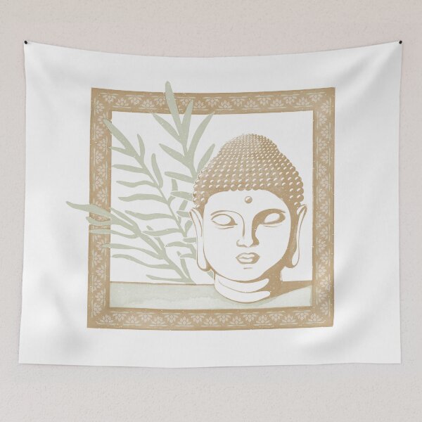 Item preview, Buddha Head Statue with Palm Fronds Watercolor - Fawn, Snow, Tea designed and sold by Irene Estelle.