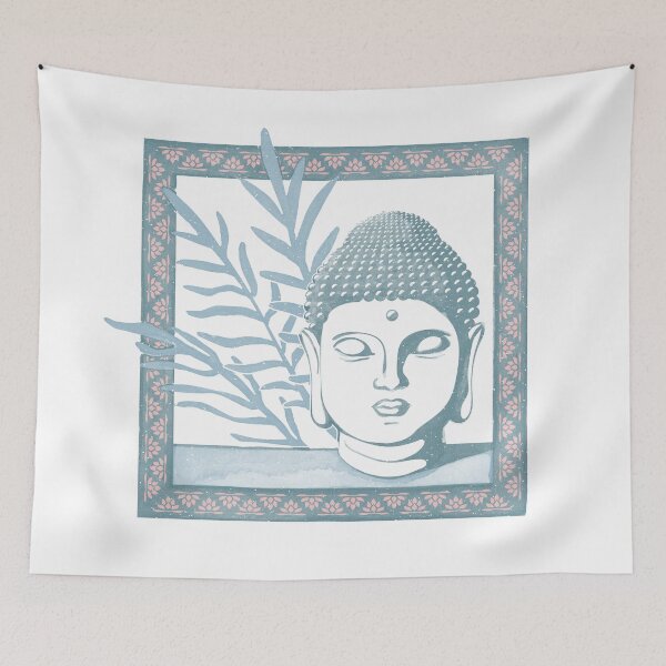 Item preview, Buddha Head Statue with Palm Fronds Watercolor - Peacock, Snow, Sky designed and sold by Irene Estelle.