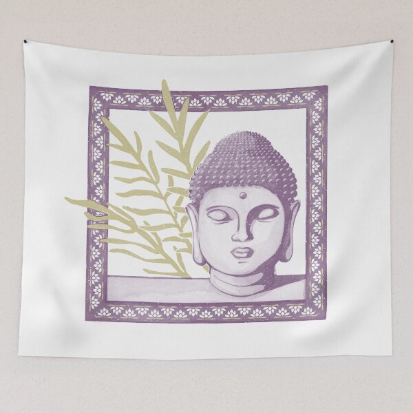 Item preview, Buddha Head Statue with Palm Fronds Watercolor - Plum, Dust, Gold designed and sold by Irene Estelle.