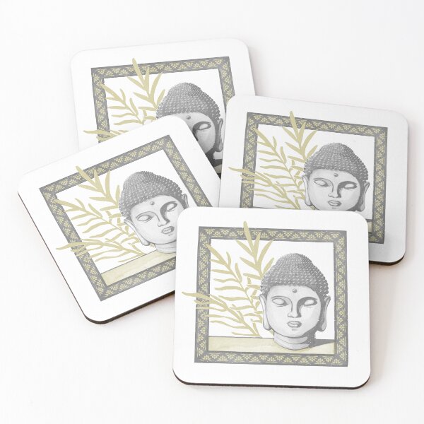Item preview, Buddha Head Statue with Palm Fronds Watercolor - Slate, Fog, Gold designed and sold by Irene Estelle.