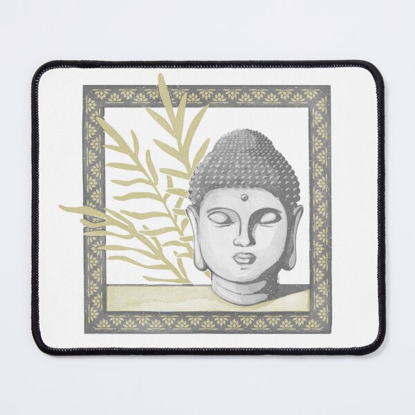 Item preview, Buddha Head Statue with Palm Fronds Watercolor - Slate, Fog, Gold designed and sold by Irene Estelle.
