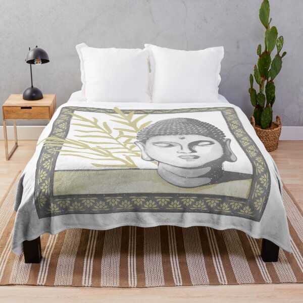 Item preview, Buddha Head Statue with Palm Fronds Watercolor - Slate, Fog, Gold designed and sold by Irene Estelle.
