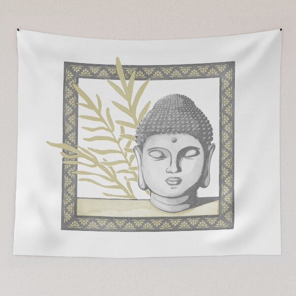 Item preview, Buddha Head Statue with Palm Fronds Watercolor - Slate, Fog, Gold designed and sold by Irene Estelle.
