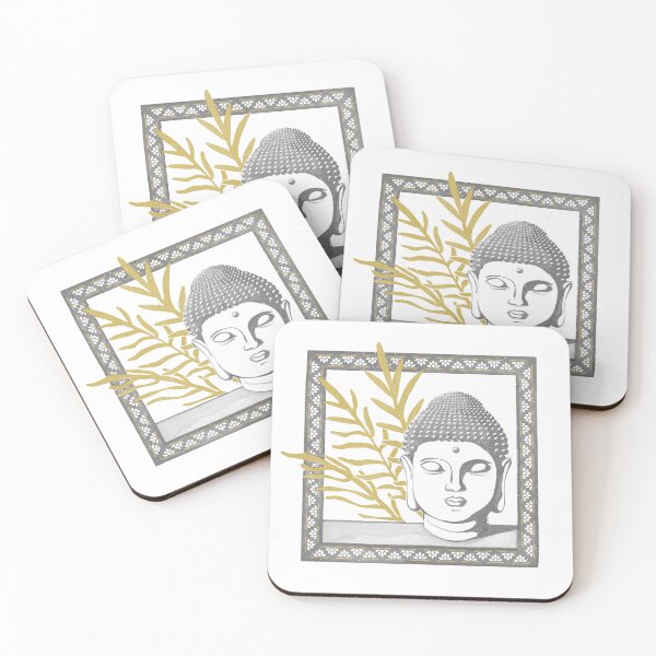 Item preview, Buddha Head Statue with Palm Fronds Watercolor - Slate, Snow, Saffron designed and sold by Irene Estelle.