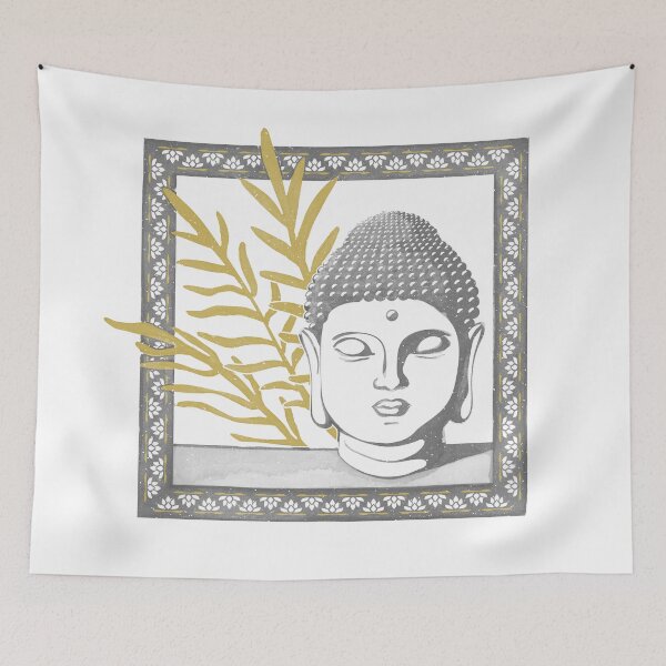 Item preview, Buddha Head Statue with Palm Fronds Watercolor - Slate, Snow, Saffron designed and sold by Irene Estelle.