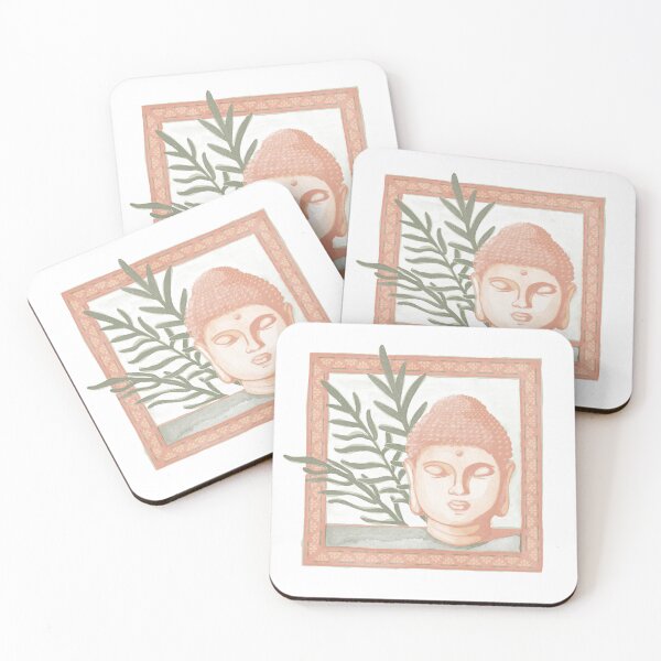 Item preview, Buddha Head Statue with Palm Fronds Watercolor - Coral, Melon, Sage designed and sold by Irene Estelle.