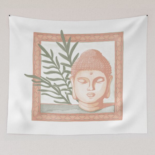 Item preview, Buddha Head Statue with Palm Fronds Watercolor - Coral, Melon, Sage designed and sold by Irene Estelle.