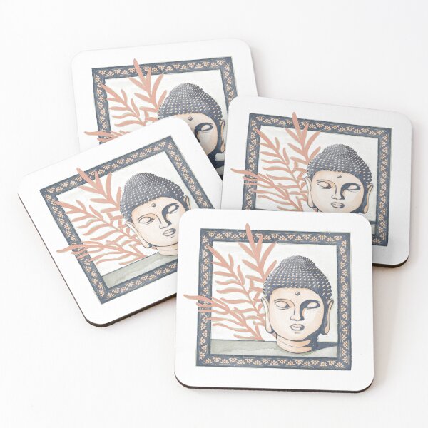 Item preview, Buddha Head Statue with Palm Fronds Watercolor - Dusk, Melon, Coral designed and sold by Irene Estelle.