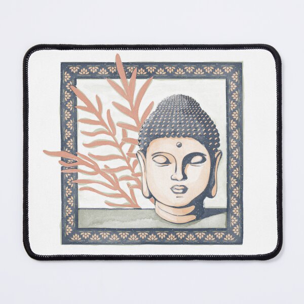 Item preview, Buddha Head Statue with Palm Fronds Watercolor - Dusk, Melon, Coral designed and sold by Irene Estelle.