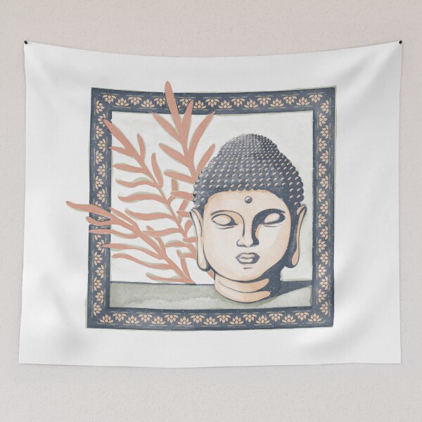 Item preview, Buddha Head Statue with Palm Fronds Watercolor - Dusk, Melon, Coral designed and sold by Irene Estelle.