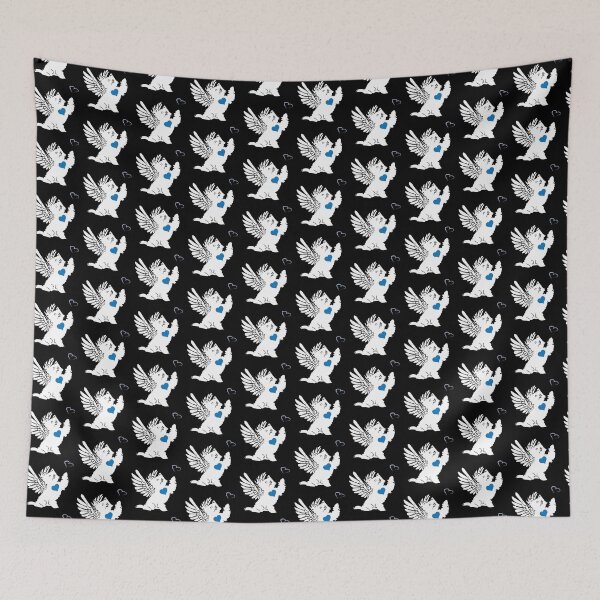 Item preview, White Dog Angel with Blue Heart on Black Background designed and sold by Digitalmyth's Designs.