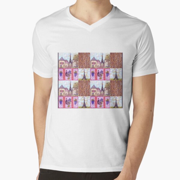 Paris Inspired Pointillism Grapes Wine Wood by Kristie Hubler V-Neck T-Shirt