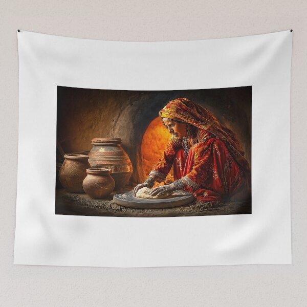Item preview, Traditional Woman Making Bread in Clay Oven Scene designed and sold by Artessie.