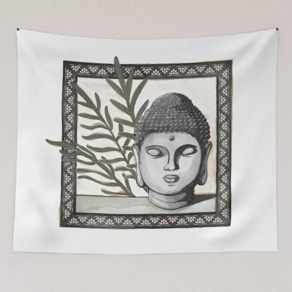 Item preview, Buddha Head Statue with Palm Fronds Watercolor - Coal, Slate, Pine designed and sold by Irene Estelle.