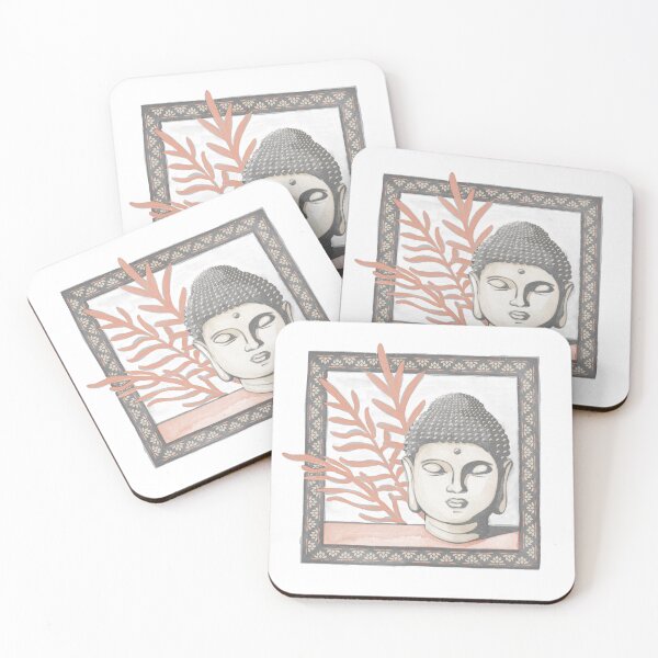 Item preview, Buddha Head Statue with Palm Fronds Watercolor - Slate, Dove, Coral designed and sold by Irene Estelle.