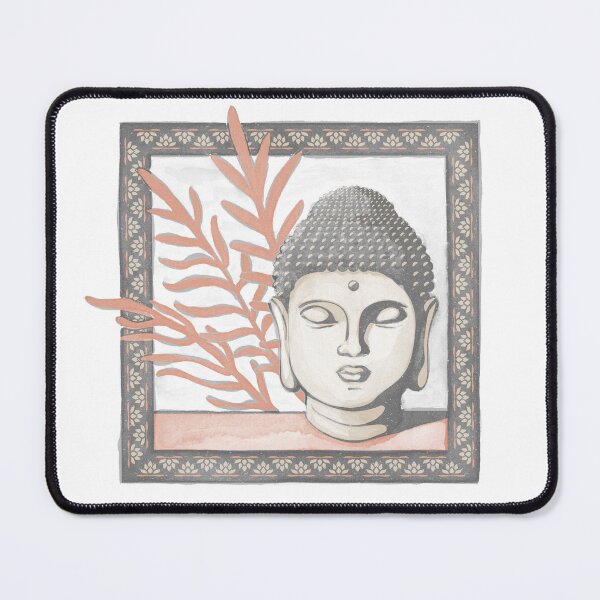 Item preview, Buddha Head Statue with Palm Fronds Watercolor - Slate, Dove, Coral designed and sold by Irene Estelle.