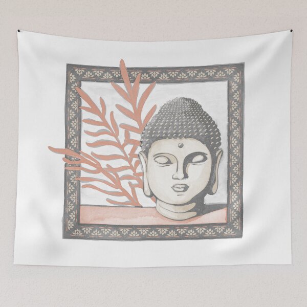 Item preview, Buddha Head Statue with Palm Fronds Watercolor - Slate, Dove, Coral designed and sold by Irene Estelle.