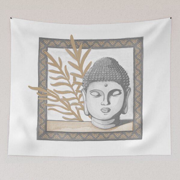 Item preview, Buddha Head Statue with Palm Fronds Watercolor - Slate, Fog, Fawn designed and sold by Irene Estelle.