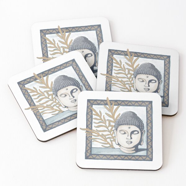 Item preview, Buddha Head Statue with Palm Fronds Watercolor - Dusk, Dove, Fawn designed and sold by Irene Estelle.