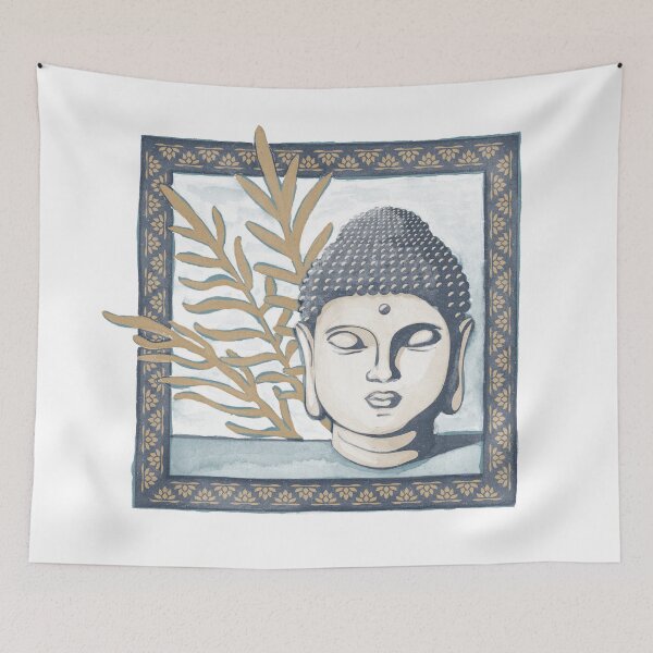 Item preview, Buddha Head Statue with Palm Fronds Watercolor - Dusk, Dove, Fawn designed and sold by Irene Estelle.